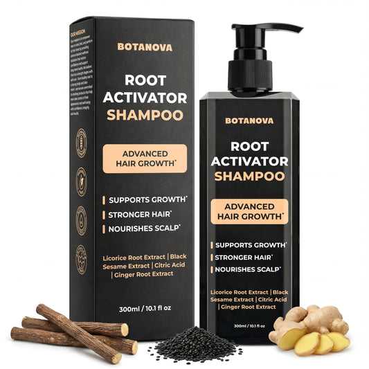 BOTANOVA Root Activator Shampoo bottle for daily scalp care and fullness potential.