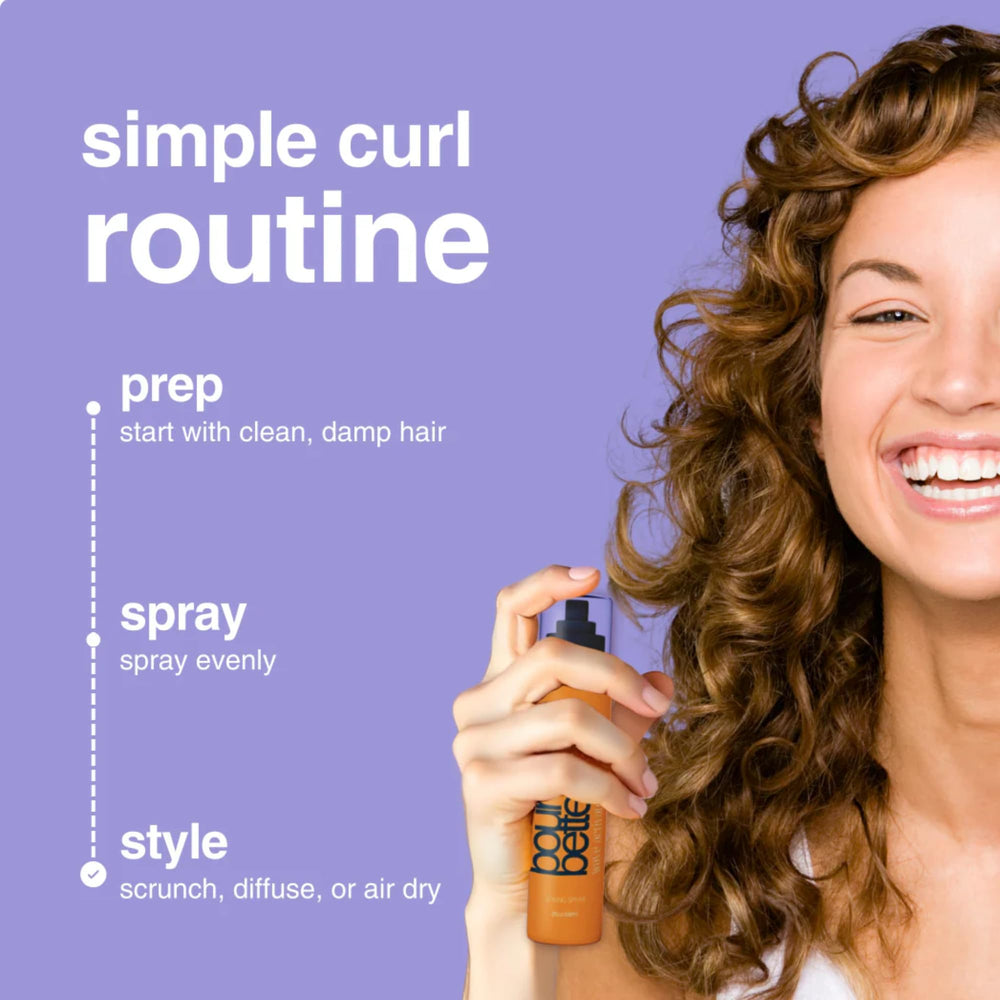Bounce Style Leave-In Spray application close-up highlights detangling and curl definition.