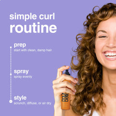 Bounce Style Leave-In Spray application close-up highlights detangling and curl definition.