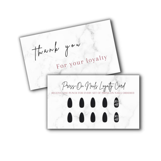 Boutique Marketing LLC press-on nail loyalty card in marble black design reinforces branding and rewards repeat clients