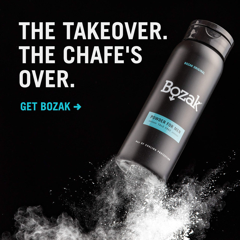 Bozak jock itch defense powder on skin helps reduce friction during activity.