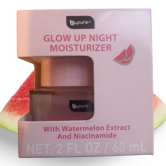 BPure Glow Up Night Moisturizer bottle with watermelon extract for overnight hydration