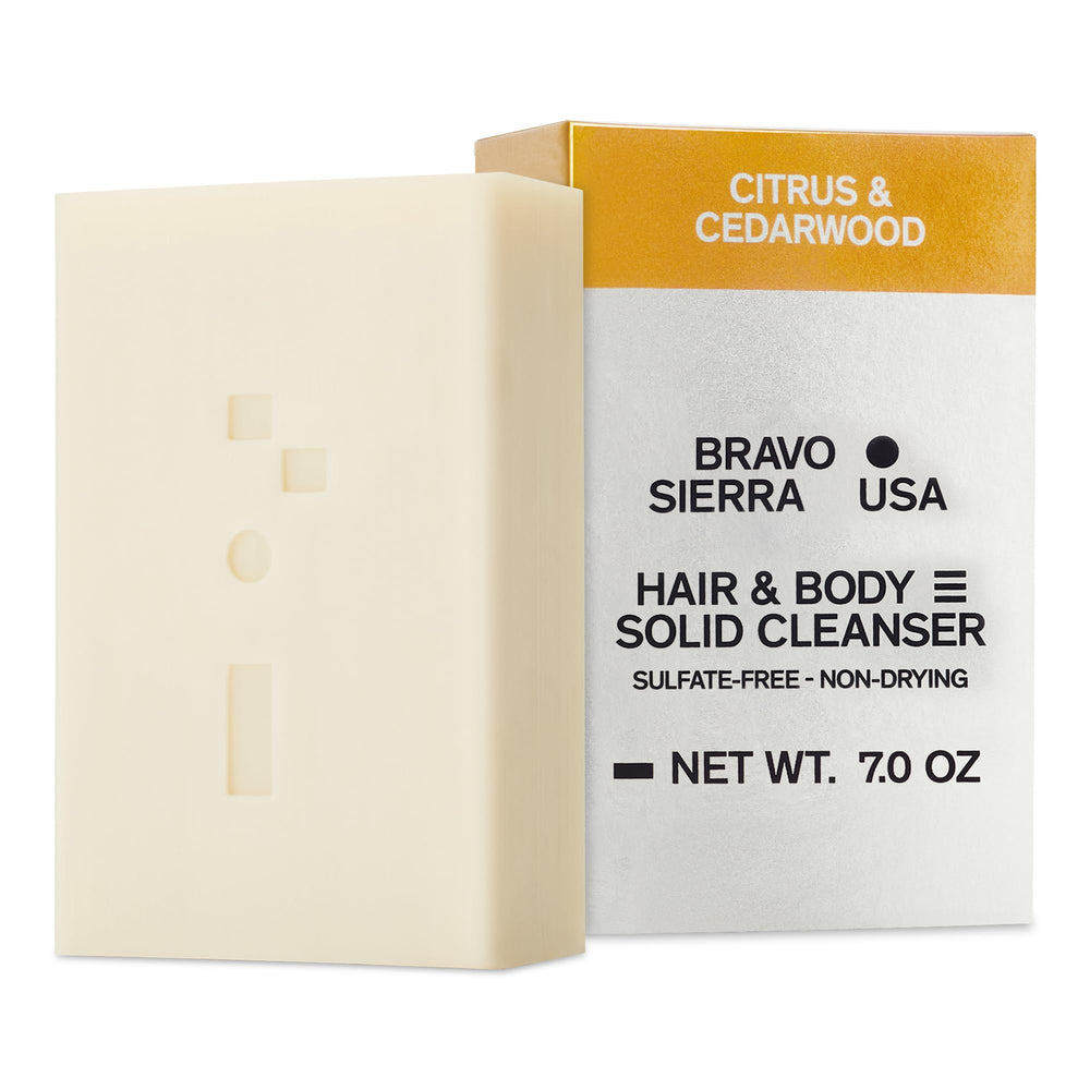 Bravo Sierra all-in-one shampoo bar Citrus Cedarwood cleanses skin and hair with a refreshing scent.