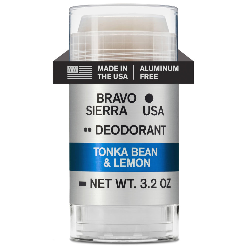 Bravo Sierra aluminum-free deodorant bottle with tonka bean and lemon scent for long-lasting protection.