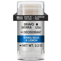 Bravo Sierra aluminum-free deodorant bottle with tonka bean and lemon scent for long-lasting protection.