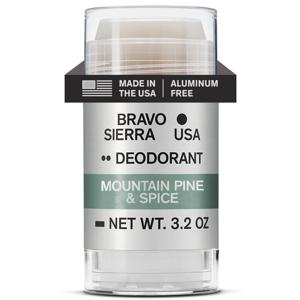 Bravo Sierra Mountain Pine and Spice deodorant bottle shows a clear finish for all-day freshness.