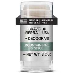Bravo Sierra Mountain Pine and Spice deodorant bottle shows a clear finish for all-day freshness.