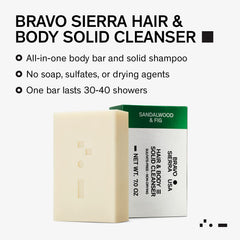 Bravo Sierra solid-bar texture close-up, coconut-shea-oat formula for soft skin