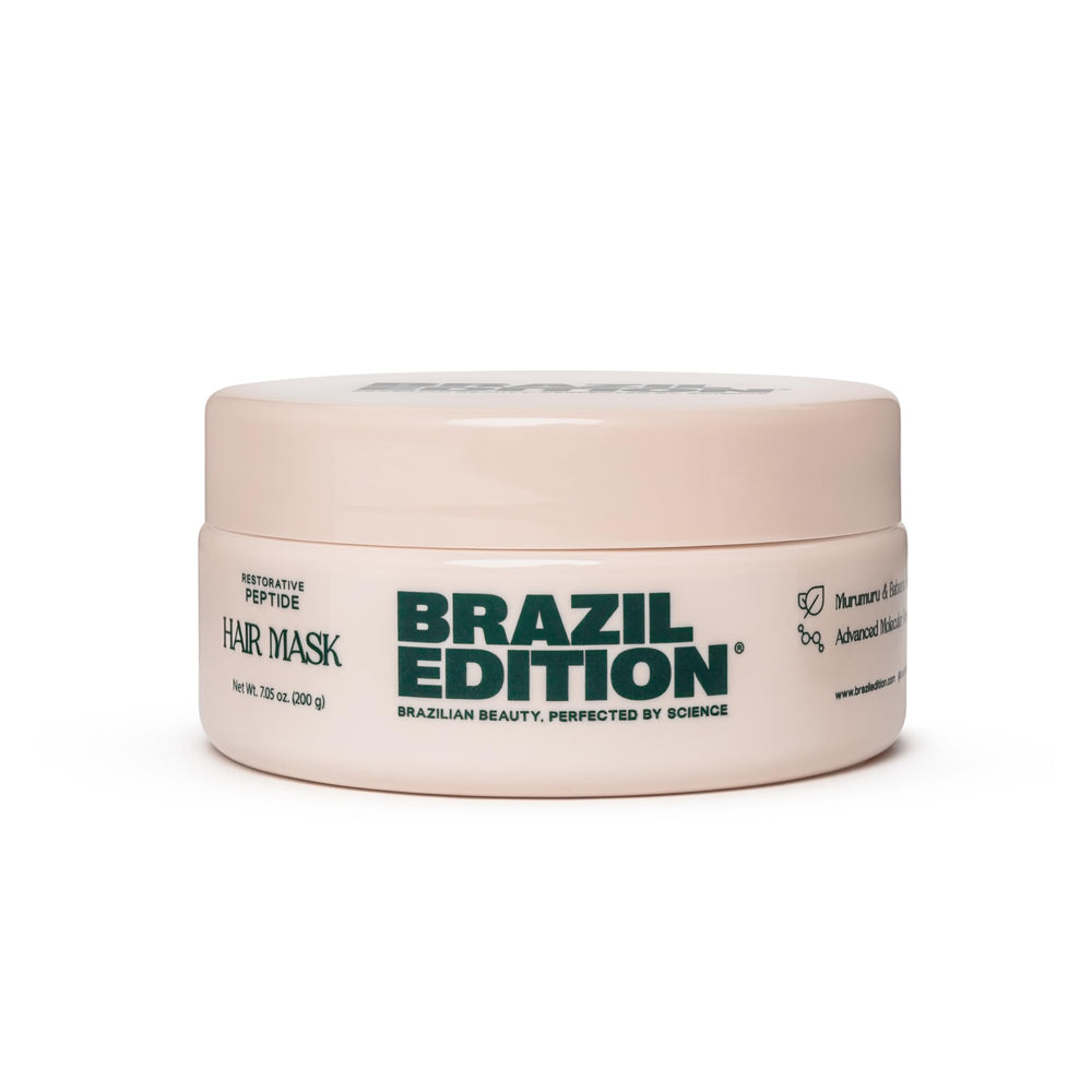 BRAZIL EDITION Restorative Peptide Hair Mask jar shows deep repair for damaged hair.