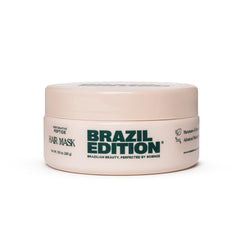 BRAZIL EDITION Restorative Peptide Hair Mask jar shows deep repair for damaged hair.