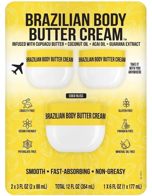 Brazilian Body Butter Cream 3-Pack jar demonstrates deep hydration for soft, touchable skin.