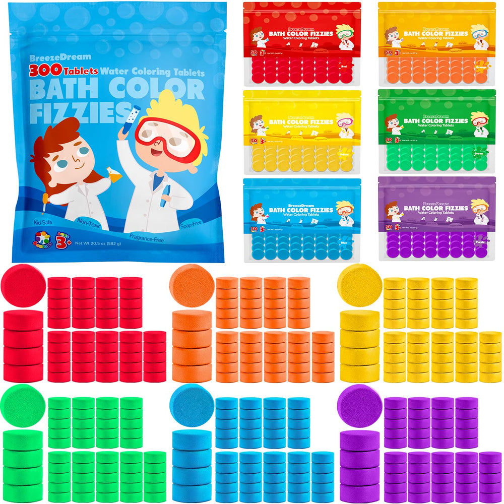 BreezeDream Bath Color Tablets packaging showing neatly sealed color bags for mess-free storage