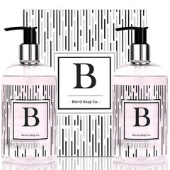 Brevä Soap Co. monogrammed bottle front view for chic bathroom decor.