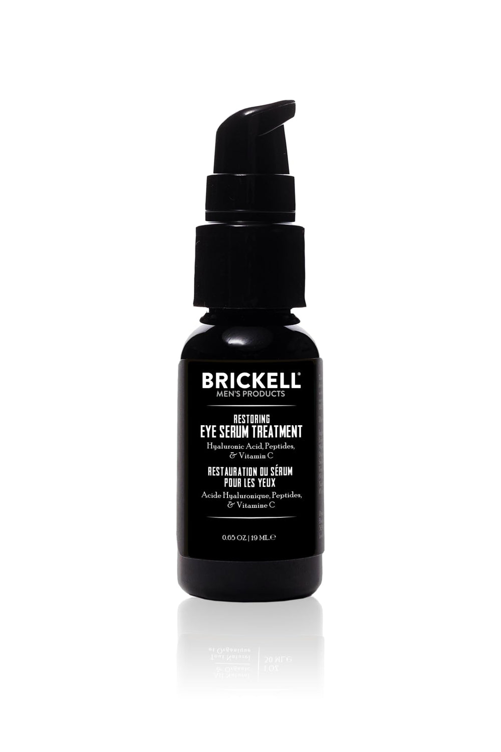 Brickell Men's Dark Circle Serum bottle closeup; unscented formula for refreshed under-eye appearance.