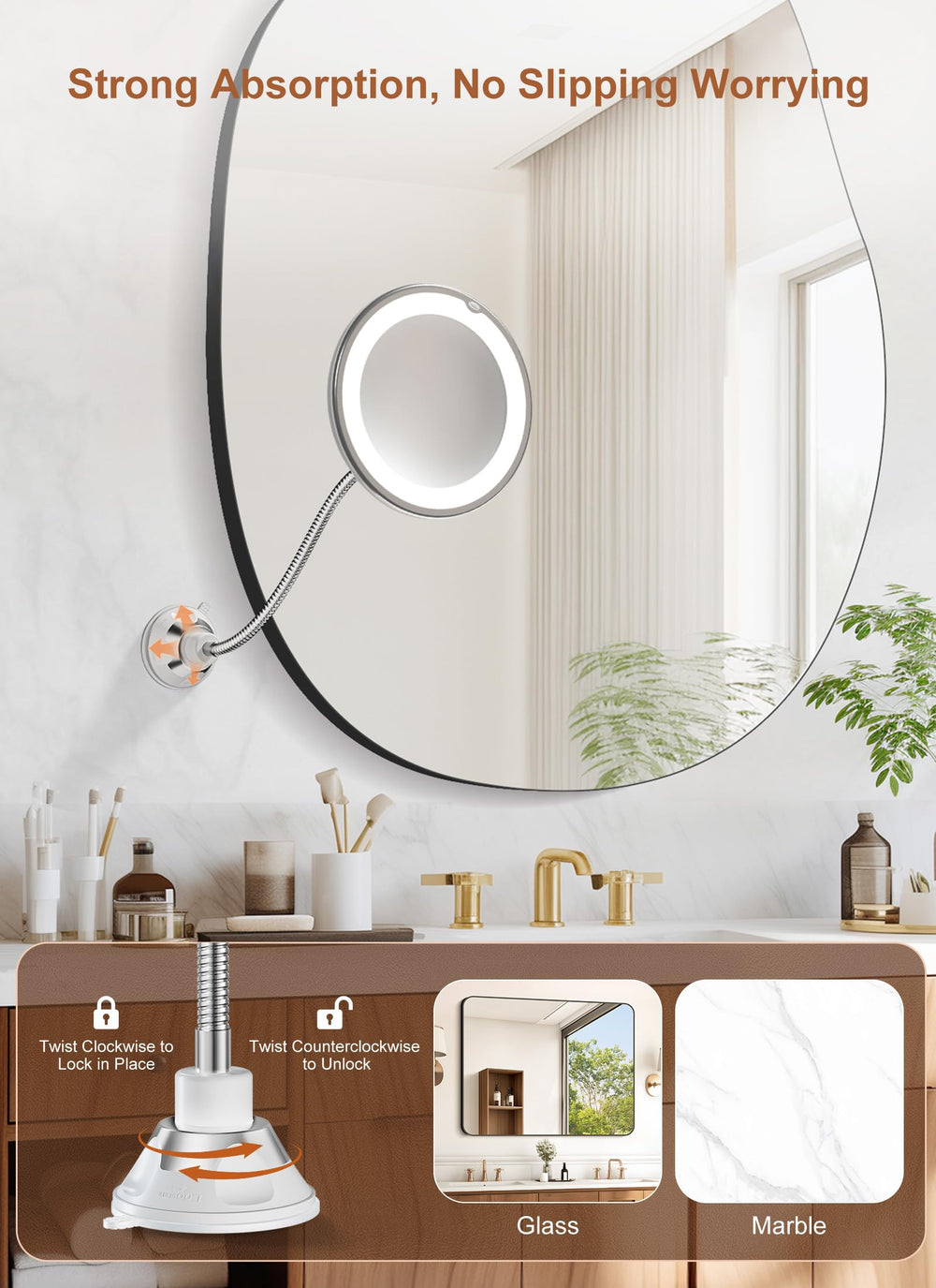 Brightown 10x magnifying mirror with light, gooseneck in action for flexible positioning