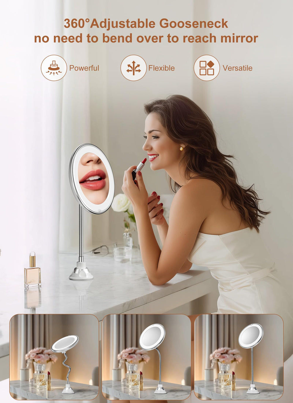 Brightown 10x magnifying mirror with light, in-use example for makeup and detail tasks