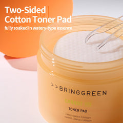 BRING GREEN Carrot Toner Pad being applied to skin to prep for even-toned results.