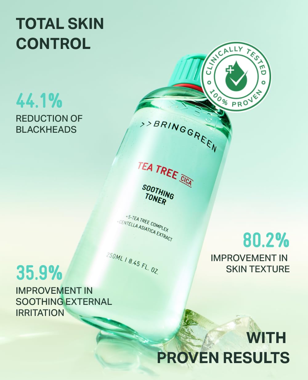 BRING GREEN Tea Tree CICA Toner sits on a vanity shelf.