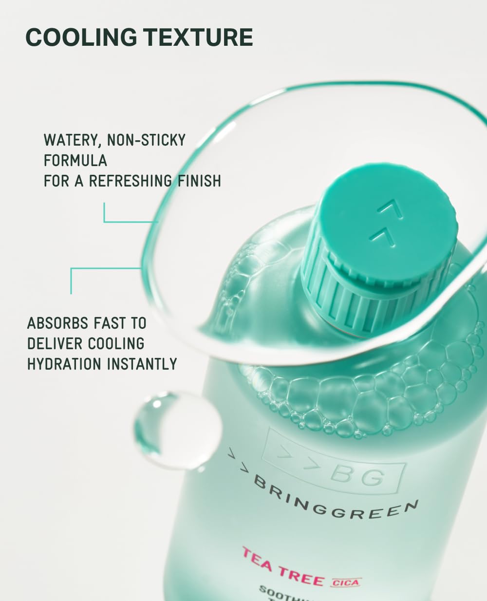 BRING GREEN Tea Tree CICA Toner application showing cooling sensation.