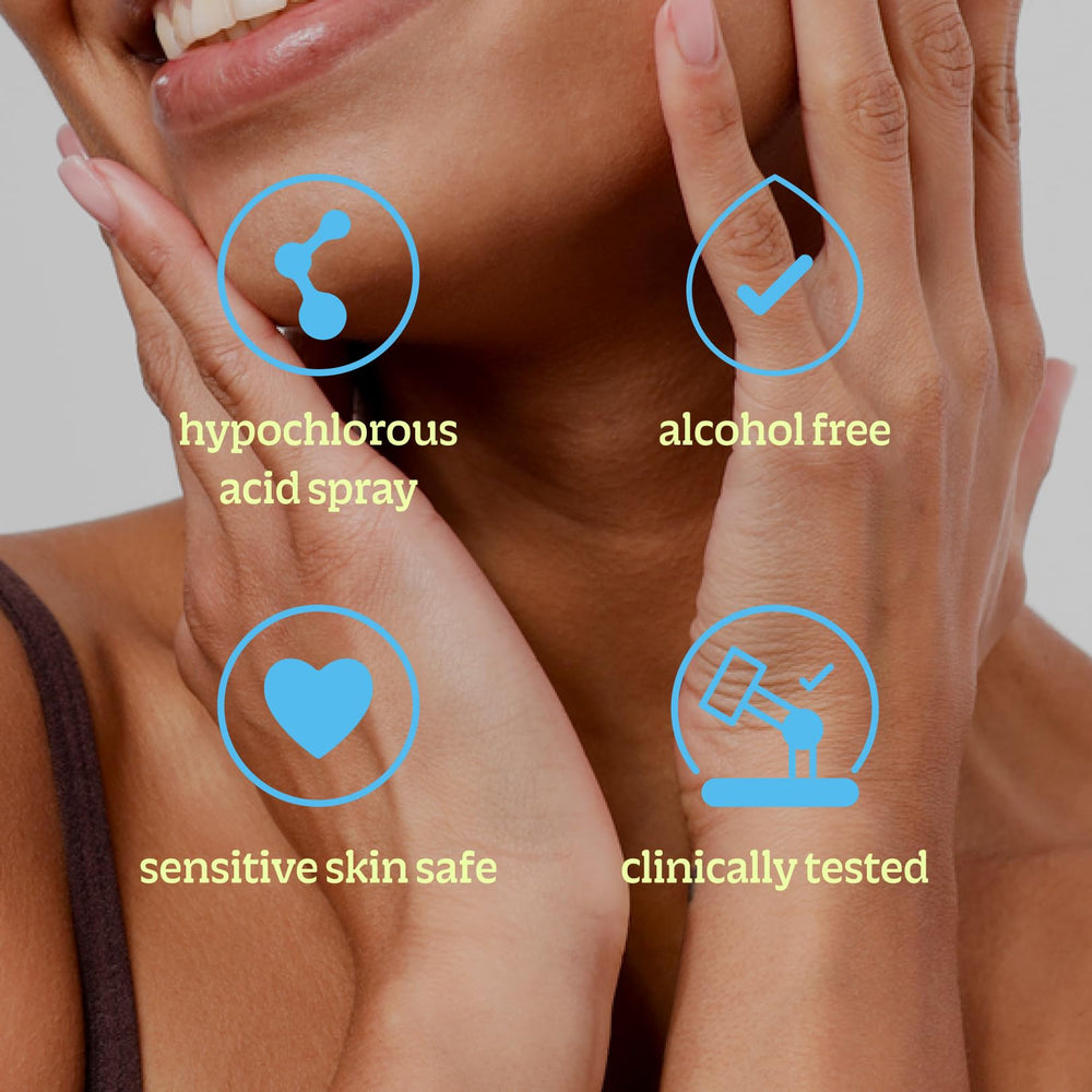 BRIOTECH Hypochlorous spray mist applied to clean skin.