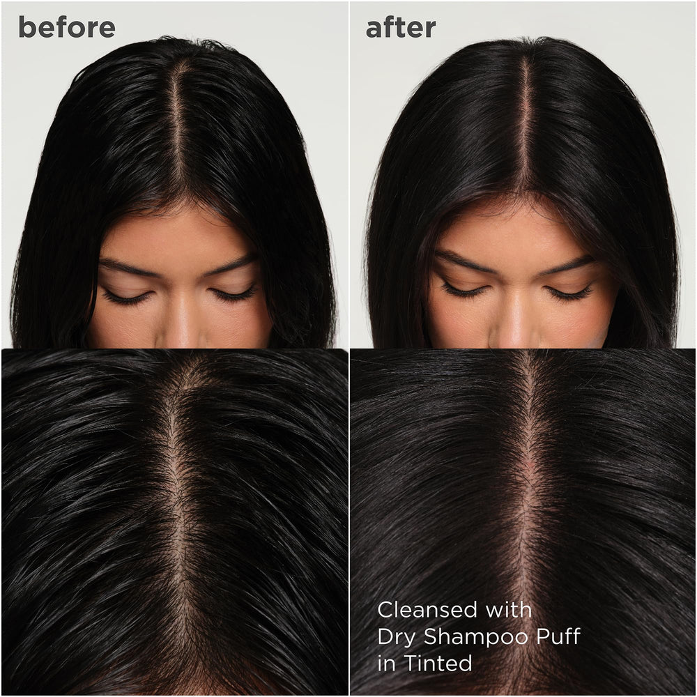 Briogeo Style & Treat Dry Shampoo Puff for dark hair with brown tint blending invisibly.