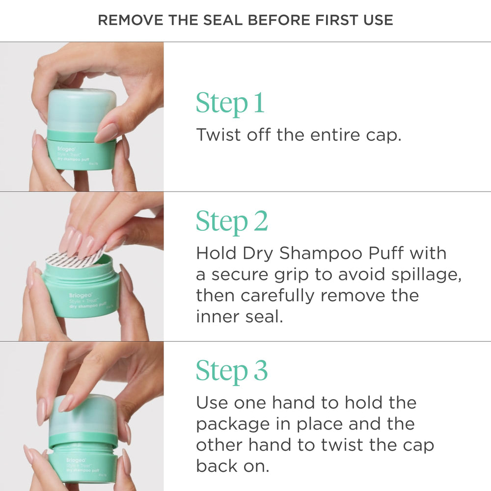 Briogeo Style & Treat Dry Shampoo Puff targets oily roots for quick refresh.