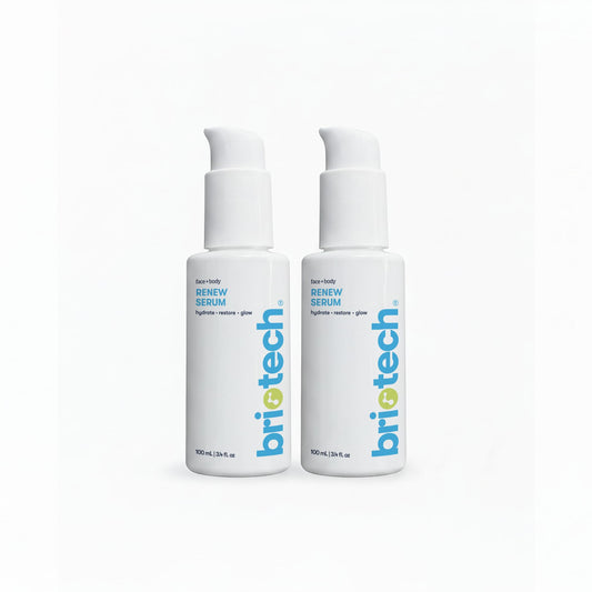 BRIOTECH Renew Serum bottle with soft glow indicating daily care and renewal