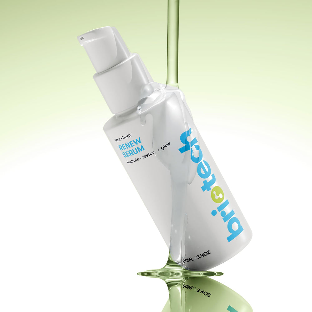 BRIOTECH Renew Serum with face roller showing a soothing massage for even application.