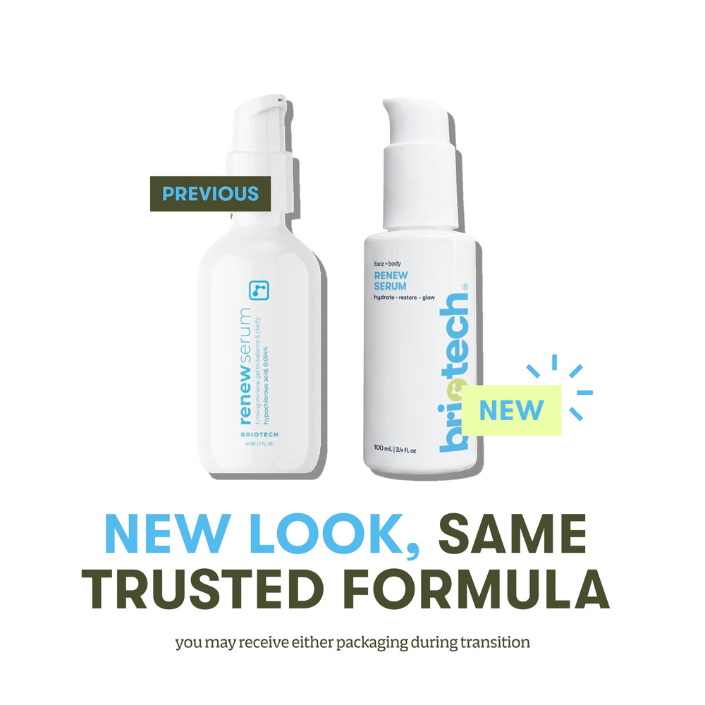 BRIOTECH Renew Serum label highlighting HOCl mineral formula
