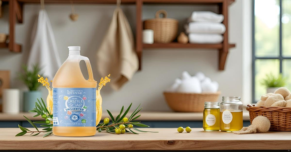 Brittanie's Thyme dish soap and pet shampoo demonstrate versatile all-in-one use.