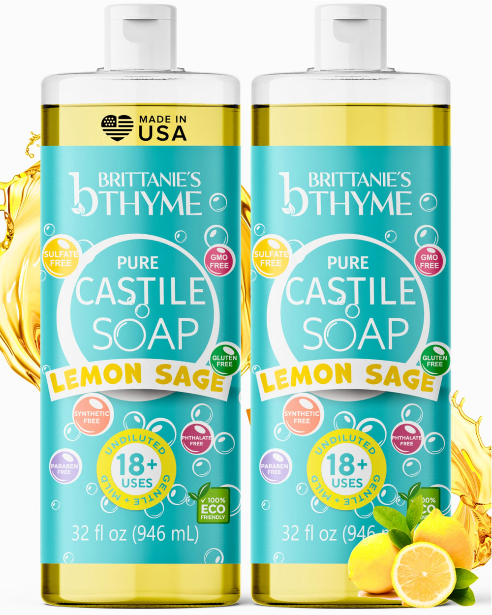 Brittanie's Thyme Pure Castile Lemon Sage bottle front with eco-friendly packaging