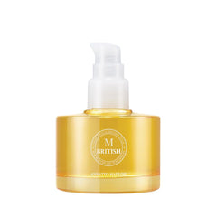 British M Annatto Hair Oil bottle showcasing premium vegan formula for salon shine.