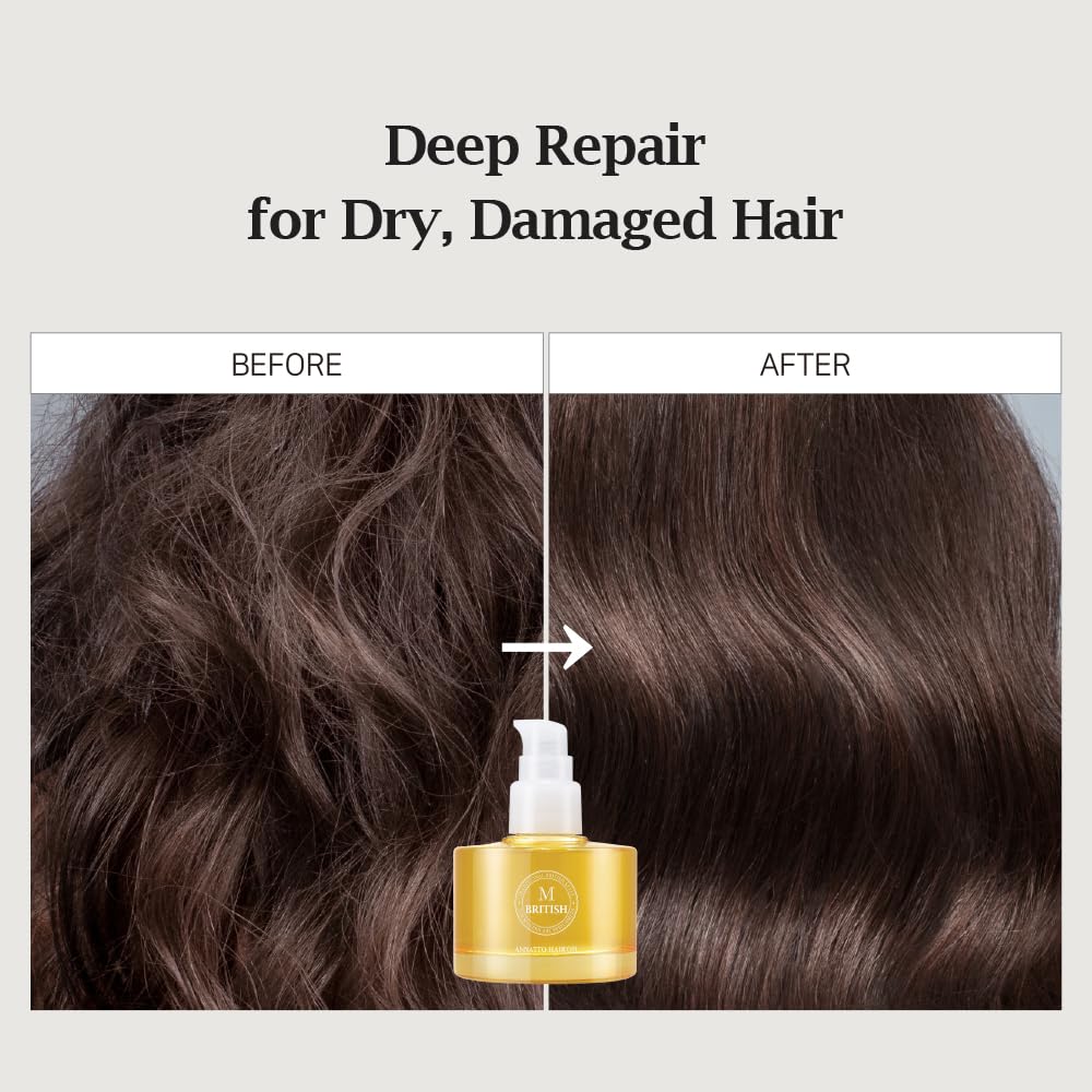 British M Annatto Hair Oil bottle indicating heat and UV protection benefits.