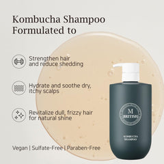 BRITISH M Kombucha Shampoo close-up of lather and gleam on hair.