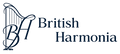 Logo of British Harmonia with a harp design on a white background