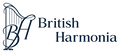 Logo of British Harmonia with a harp design on a white background