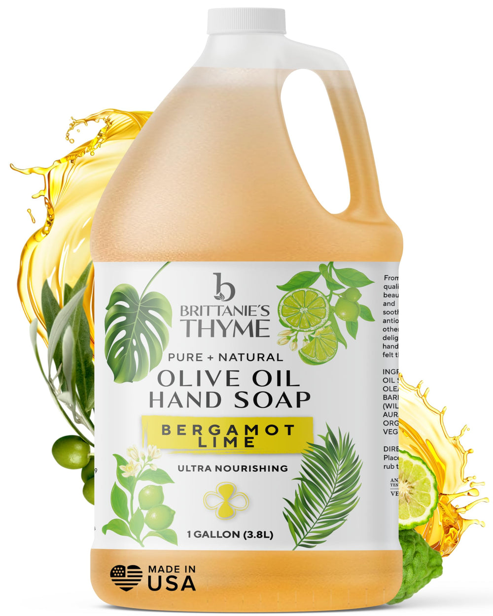 Brittanie's Bergamot Lime soap bottle pour highlights versatile eco-friendly cleansing for skin and surfaces.