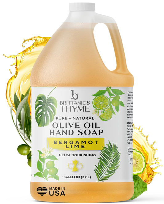 Brittanie's Bergamot Lime soap bottle pour highlights versatile eco-friendly cleansing for skin and surfaces.