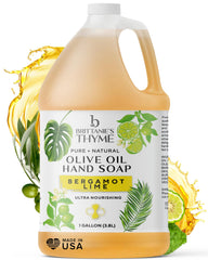 Brittanie's Bergamot Lime soap bottle pour highlights versatile eco-friendly cleansing for skin and surfaces.
