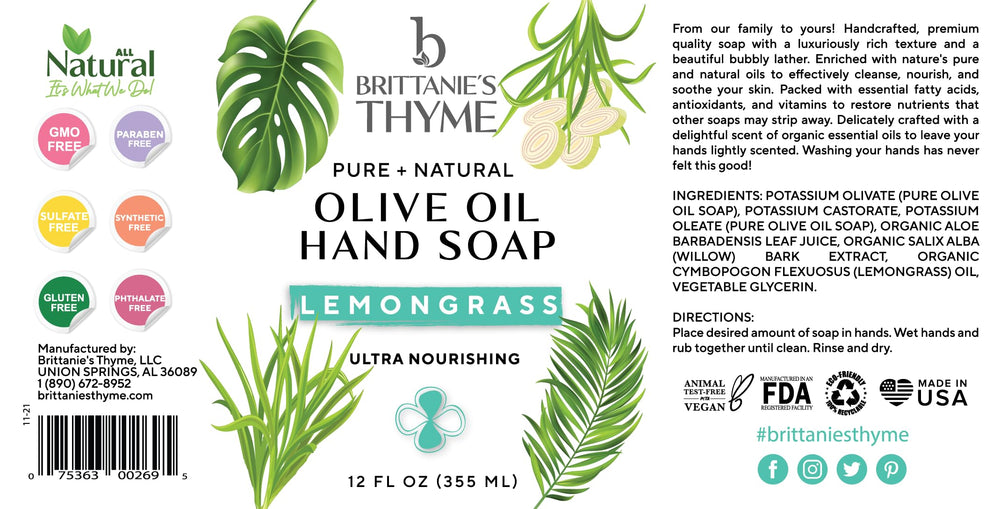 Brittanie's Thyme Lemongrass ingredients label shows olive and coconut oils for natural cleansing.