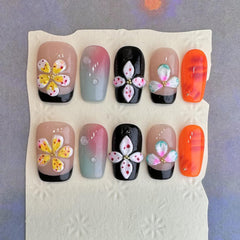 BRKYKGK press-on nails square medium with 3D floral design for chic look