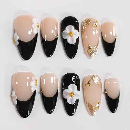 BRKYKGK almond nails with 3D floral french tip for elegant everyday wear