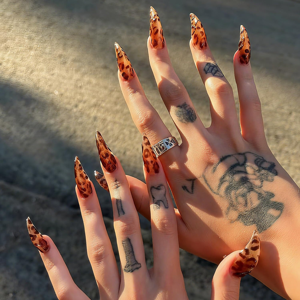 BRKYKGK glossy brown leopard nails for effortless glam without salon.