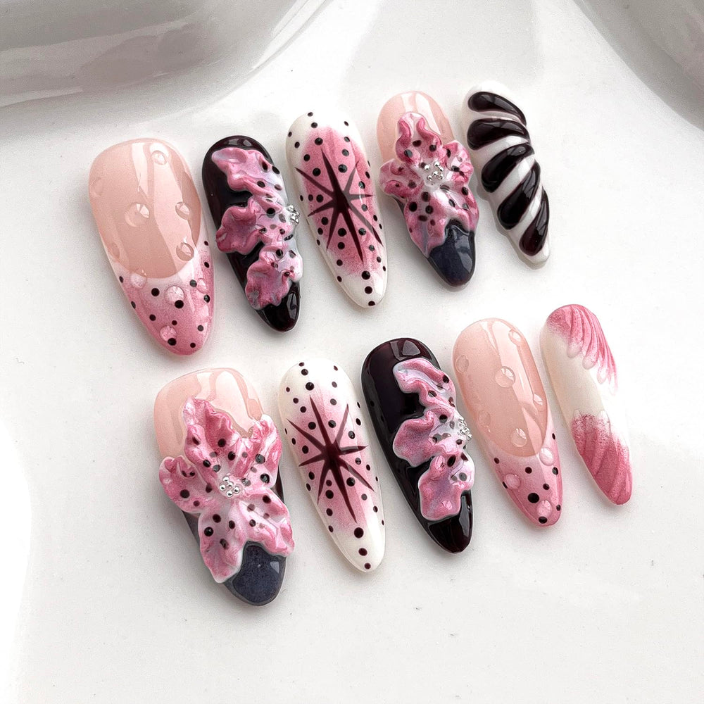 BRKYKGK almond press-on nails with 3D floral pink-red design for quick glam