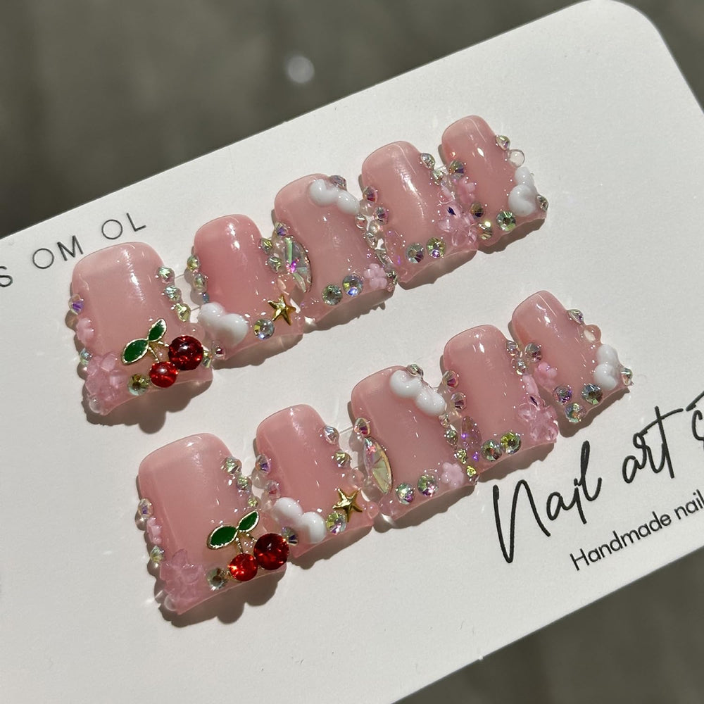 BRKYKGK nude pink 3D floral nails with cherry rhinestones for chic look