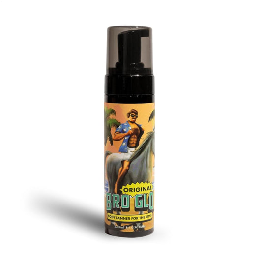 Bro Glo self tanner foam applying for even, natural-looking glow on face and body.