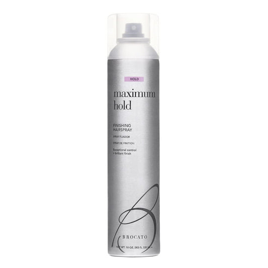 Brocato Maximum Hold finishing hairspray can for all-day hold and a radiant finish.