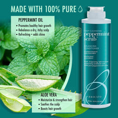 Close-up of Brocato Peppermint Scrub Balancing Conditioner label highlights clean ingredients.