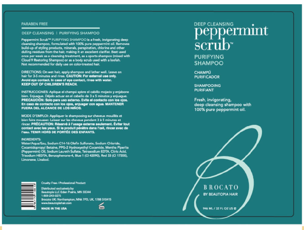 Brocato Peppermint Scrub Purifying Shampoo bottle back label highlights clarifying formula