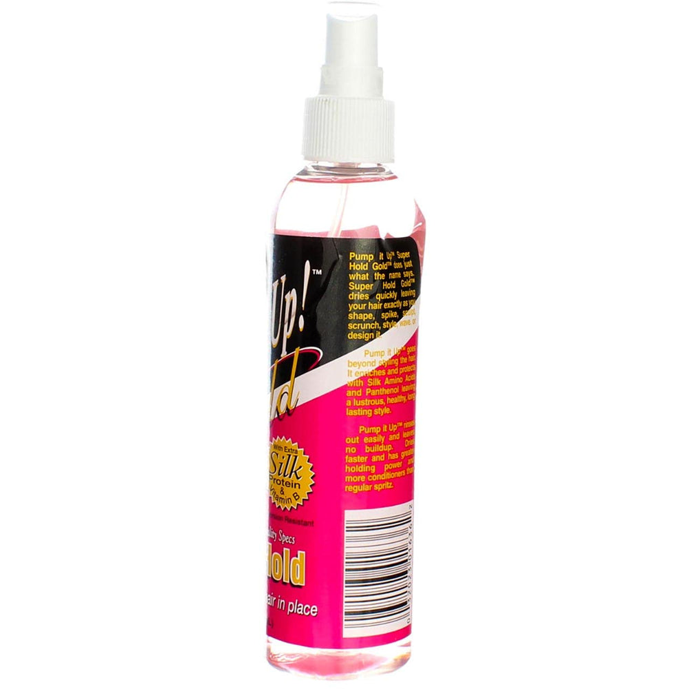Bronner Brothers Pump It Up Spritz Gold delivers quick-dry, non-sticky finish.